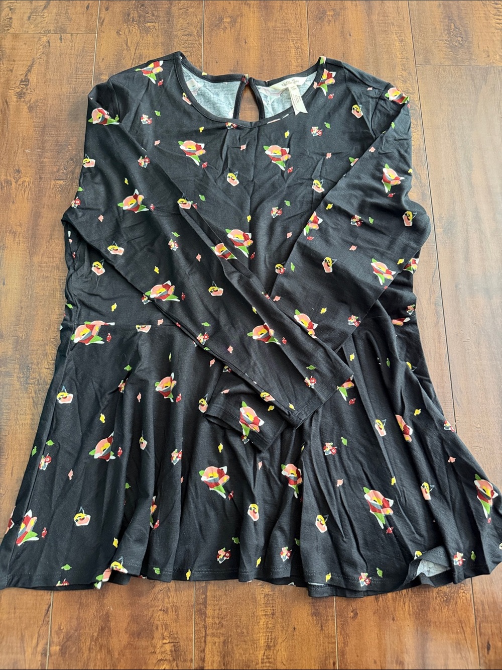Matilda Jane Black Floral Peplum Tunic with Red and Yellow Accents
